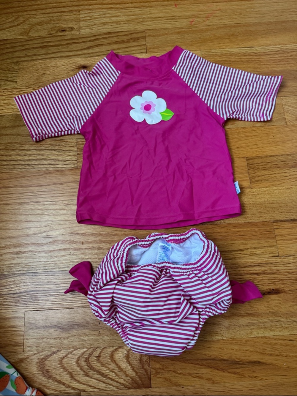 Girls' Pink Flower Rash Guard Set -Swim Top & Striped Swim Bottom. By I play.
